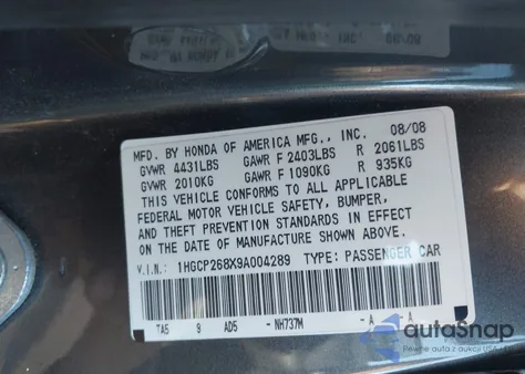 2009 Honda Accord 2.4 Ex-L z USA, uszkodzony, nr VIN 1HGCP268X9A004289